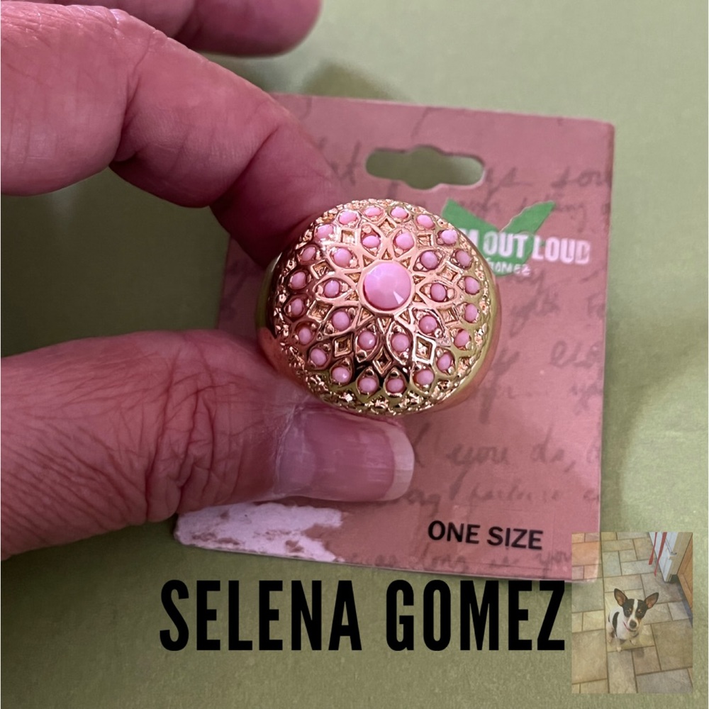 Selena Gomez Gold Tone and Pink Acrylic Bead Stretch Ring